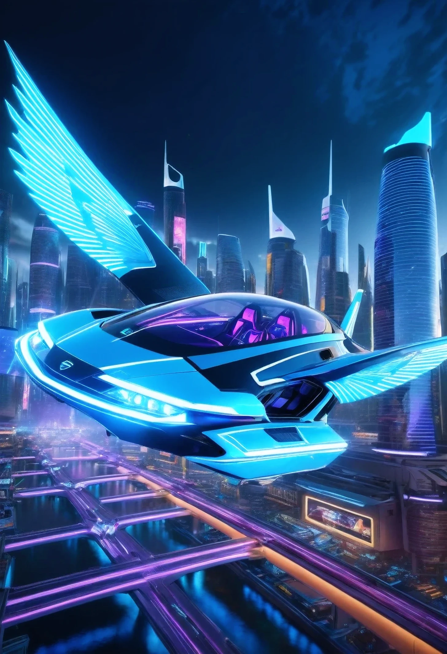 
Create a hyperrealistic image of a futuristic flying car from the 2077s. The vehicle hovers above a bustling, neon-lit cityscape, with glowing thrusters and wings extended. The city below features advanced architecture with floating platforms and holographic billboards. The scene is vibrant and imaginative, representing the pinnacle of automotive evolution