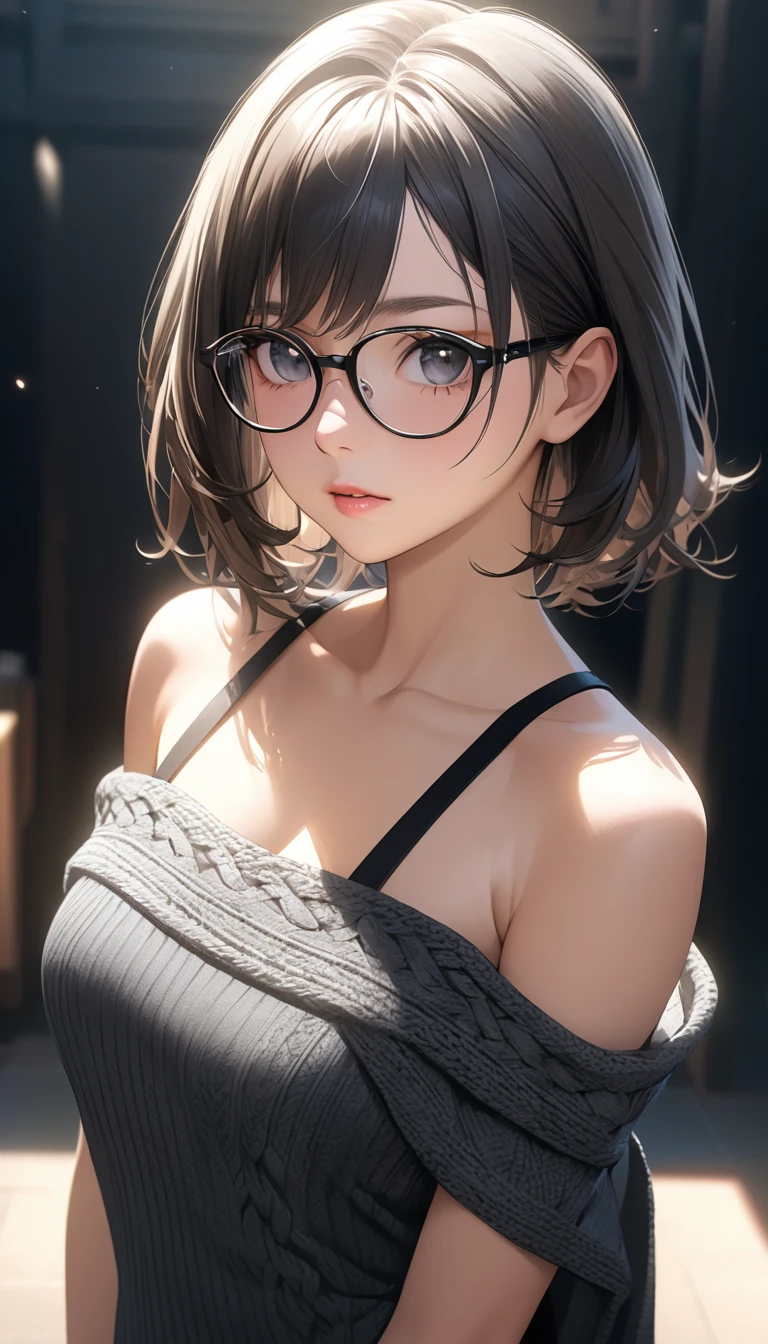 (highest quality:1.2, Very detailed, up to date, Vibrant, Ultra-high resolution, High Contrast, masterpiece:1.2, highest quality, Best aesthetics), Portraiture、girl、solo, ((25-years-old:1)), Bright colors、Beautiful fine details、Beautiful lip detail、((nsfw:1.3)), nude, girl, restrained, rope, thick nipples, ((pinch nipples with clothespins:1.8)), short hair、black hair, ((Long bangs:1)), (messy hair:1), brown eyes, (thick black frame glasses:1), looking up, gold earrings, ((slim body:0.6)), (big breast:0.7), (dark skin:0.5), (white background:1.5), ((no background)), from above, (orgasm), (upper body:1),facing viewer