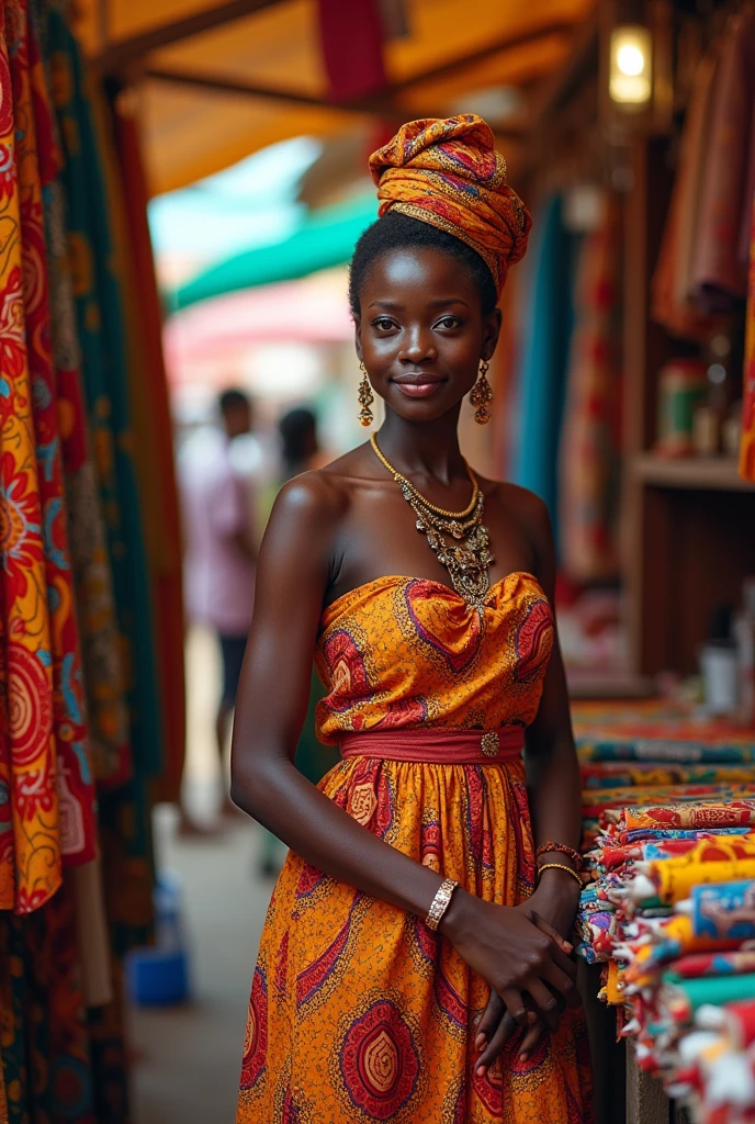 Generate African image of a young lady selling different types of fabrics in a store 