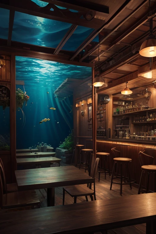 Fishman coffee shop, underwater coffee shop, surreal underwater atmosphere, (best quality,4k,8k,highres,masterpiece:1.2),ultra-detailed,(realistic,photorealistic,photo-realistic:1.37)