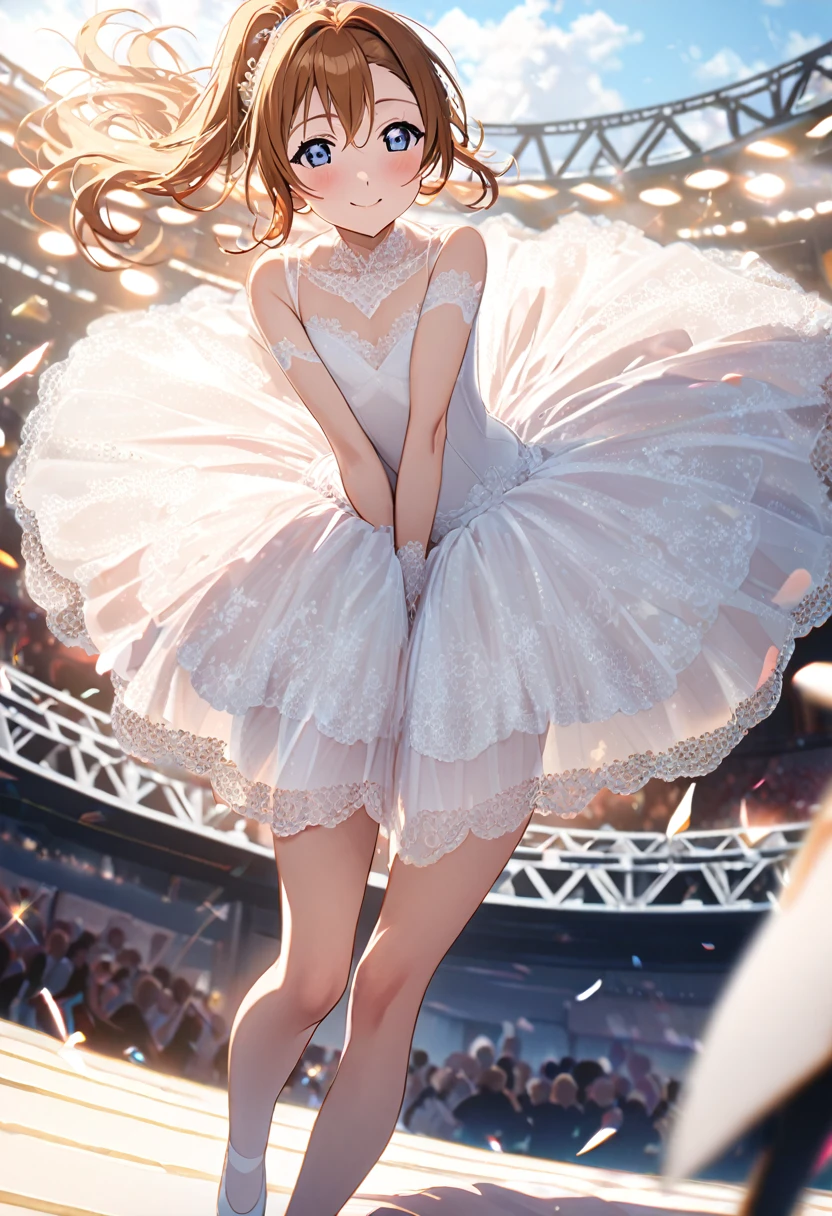 (((Pixel Perfect, Perfect detail))), (((View from the skirt angle, I can see your pants,))), alone, alone girl, Honoka Kosaka, 1,(((Gorgeous, delicate and elegant white multi-layered lace tutu;.1.5))),((((ballerina in a white Classic tutu lace wide circular dress,: 1.5))), Viewer Perspective, smile, blush, m's, lovelive! stage, sing, (Lace skirt: 1.3), (White panties: 1.3), (Panties with ribbon), (Ruffled panties: 1.3), (Skirt rolled up: 1.3), (Low - Angle), blue eyes, Orange Hair, One-sided updo, short hair, (Ballet Toe Shoes), (Spread legs: 1.0)