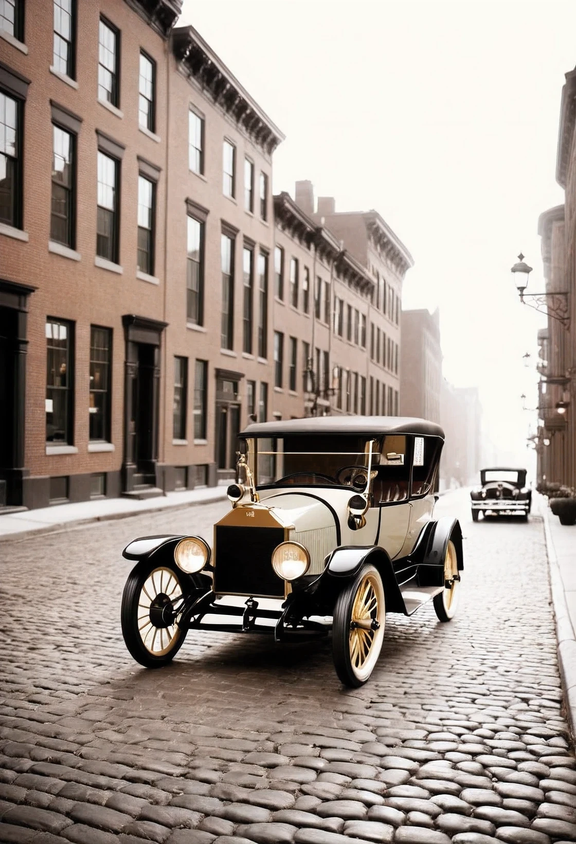 1900s - Early Automobile Era "Create a high-quality image of an early 1900s vintage car, with a boxy design and large, spoked wheels. The car is set against a backdrop of a cobblestone street with gas lamps and classic brick buildings, capturing the essence of the early automobile era. The overall color palette is muted with sepia tones, evoking a sense of history and nostalgia."