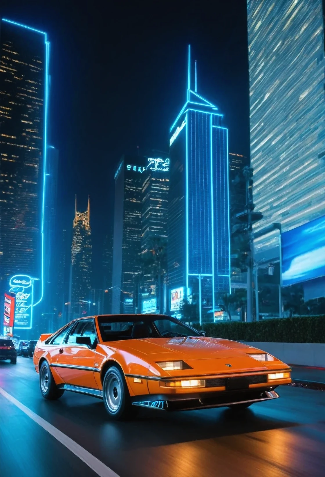 3: 1980s - Modernization and Speed
"Create a high-quality image of a 1980s sports car, featuring sharp angles and a low, aerodynamic profile. The car is driving on a neon-lit city street at night, with glowing billboards and towering skyscrapers in the background. The scene is energetic and dynamic, capturing the speed and modernity of the era."