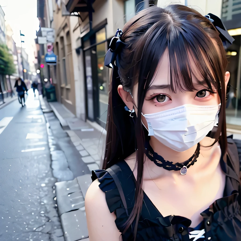 N SFW、20yr old、masks、A dark-haired、twin-tail hair、Smaller face、Hanging eyes、embarassed expression、Skinny Legs、Detailed skin, teats、Underwear, lift up one's skirt, Gothic lolita、frilld、plein air, lingerie, Black Knee High、Delicate poses、low angle shot、Low position、Ultra-detailed, Photorealsitic:1.37