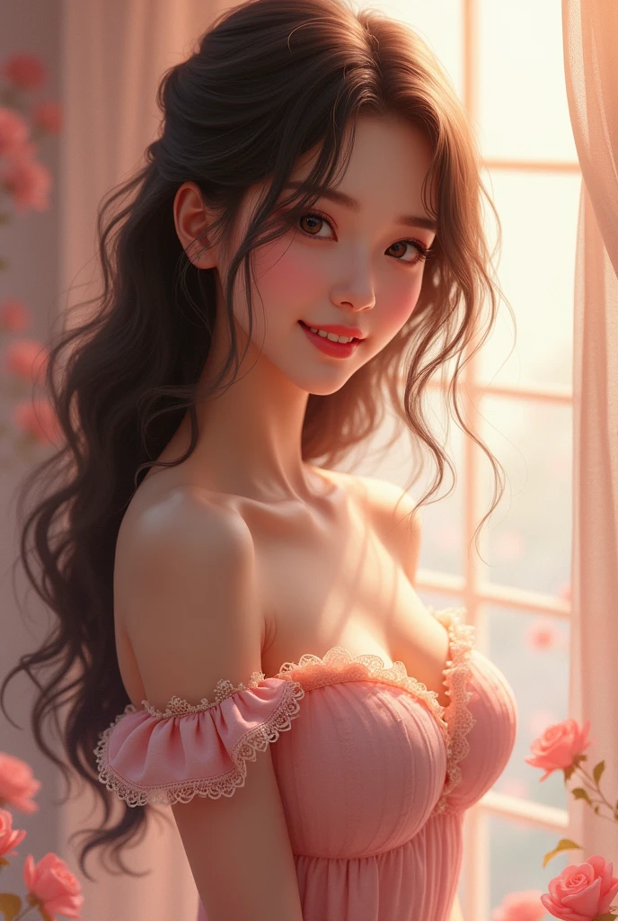((Upper body)), ((from below)), ((actual)), 1 super cute asian schoolgirl, A young girl, (close up), (in the room, sitting position, Leaning against the dresser), look out the window, Pleasant posture, Various poses to attract attention, Detailed scene, OK, hairpin, beautiful hair accessories, brown hair, Light makeup, blush blush, lip gloss, ((Light pink slip top, tulle tunic, Missing one shoulder, high waist, nice belt)), ((warm light, warm color palette)), (Extremely high color saturation), detailed details, super detailed, (masterpiece, 最OK质量), (Extremely exquisite and beautiful work), exquisite earrings, exquisite necklace, simple blurr background, extremely detailed description, Ultra-fine painting, delicate face, Slim, thin waist, (grinning, happy grinning, Show teeth), (anatomically correct)