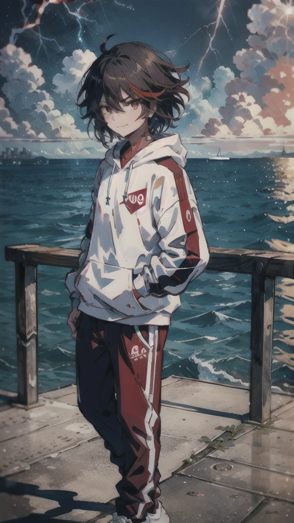 Ryuko on the edge of a pier with a storm and the ocean in the background, thunderstorm, red thunder on the background, arrogant smile, sport hoodie, short hair with multiple red strands, brown eyes, loose sport pants