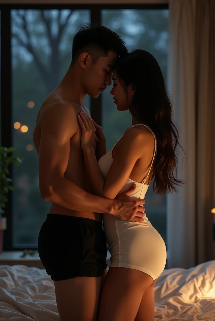 asian woman, Naked sitting on Asian man's lap touching his butt