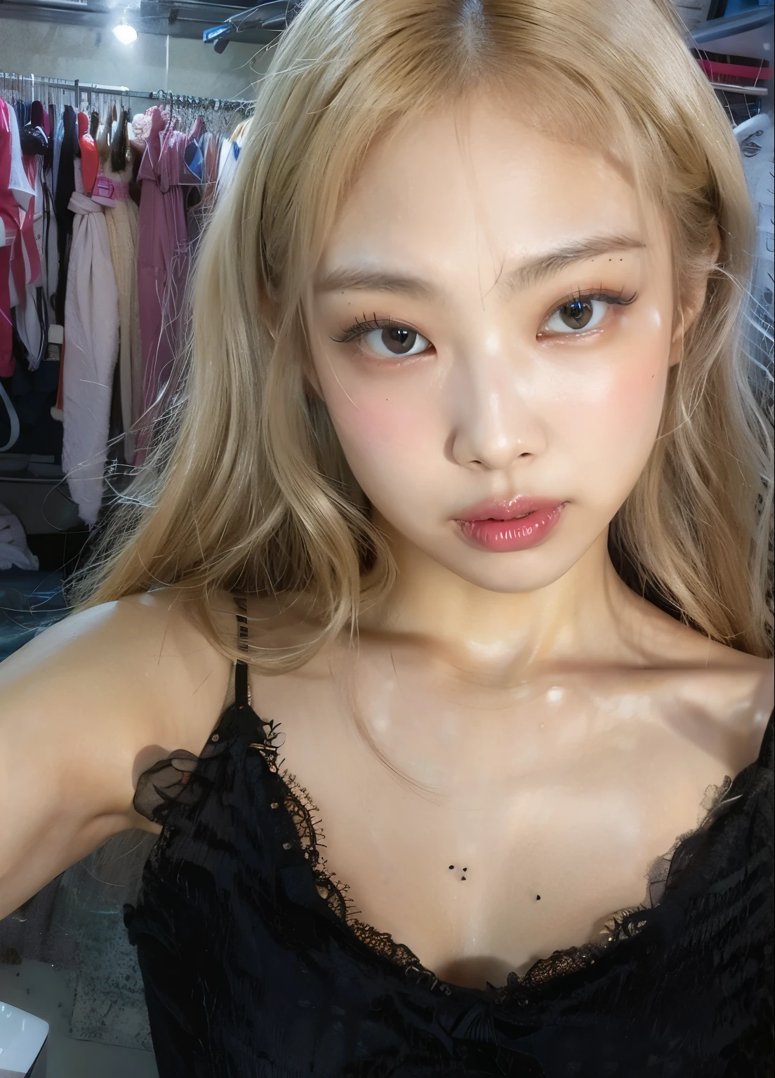 arafed woman with long blonde hair and black dress in a room, lalisa manobal, roseanne park of blackpink, lalisa manoban of blackpink, ulzzang, korean girl, sun yunjoo, jaeyeon nam, shikamimi, jossi of blackpink, heonhwa choe, popular south korean makeup, jinyoung shin, Twice nayeon.