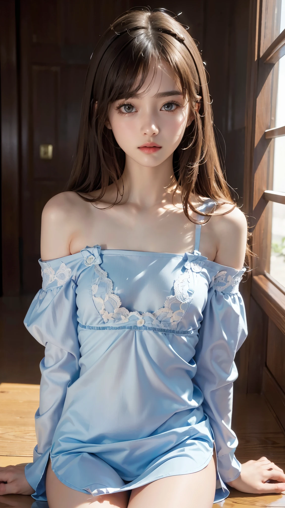 Sweet girl clothes8,(gem:1.3), Film portrait photography, 1个Giant Breast Girl, Shoulder length wavy hair, peaceful, peacful, (Realistic and detailed eyes, Natural skin texture, Realistic facial details), Soft dramatic lighting, Depth of field of view, vibrant detail, finely detailled, hyper realisitc