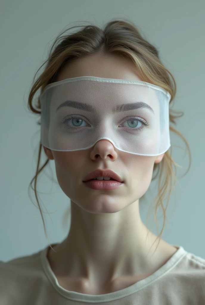 «»A photorealistic image of a woman with beautiful blonde hair, wearing a blindfold around her eyes.«» The woman's blonde hair cascades down her shoulders, adding a touch of elegance to her appearance. The blindfold, made of a soft, silky material, is delicately tied around her eyes, covering them in a gentle and mysterious manner. The lighting in the scene creates a subtle play of shadows, adding depth to the woman's features and highlighting the texture of her hair and the blindfold. The resolution is set at a professional level, ensuring meticulous attention to detail in the woman's facial features and the intricacies of the blindfold. The final image should be a captivating and realistic portrayal of the woman's beauty and the intrigue of the blindfold.