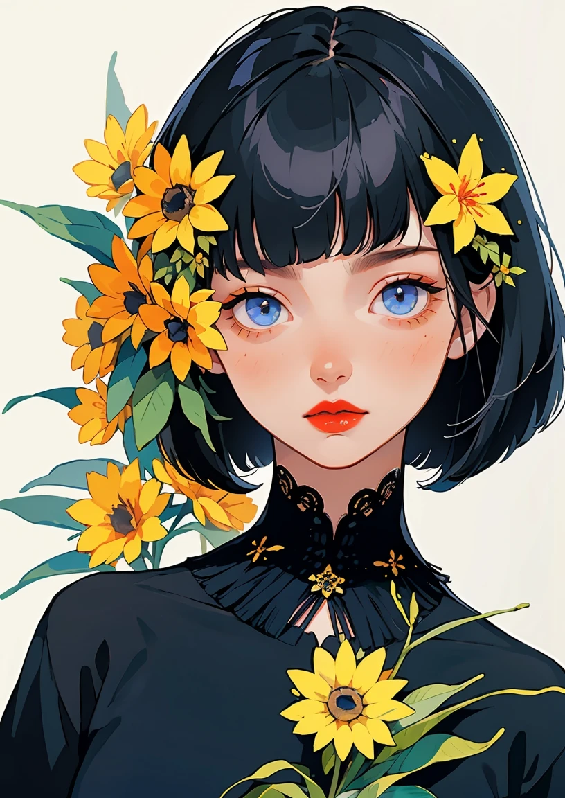 yxycolor,1girl, only, black hair, flower, White background, hair ornament, hair flower, short hair, Upper part of the body, fringe, looking at the viewer, simple background, move, Bob Cut, Plant, shirt, blue shirt, fringe contundente, yellow flower, Red lips, blue eyes