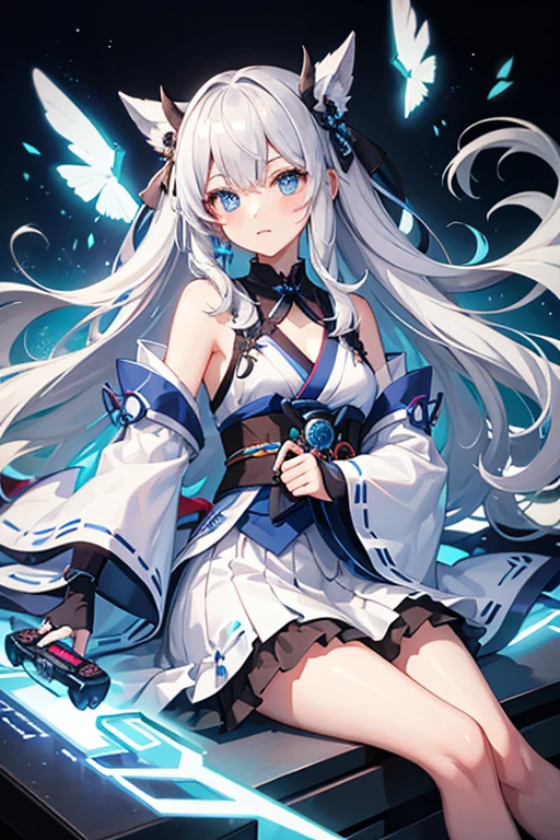 1girl, jgsd, blue armored dress, white skirt, tassels, hair ribbon, gloves, blue sleeves, armored boots, ((best quality:1.2, masterpiece:1.2)), dynamic angle, highly detail, rating: general, mile shoot, , facing viewer, full portrait, see-through, see-through silhouette, transparent skirt, abstract background,