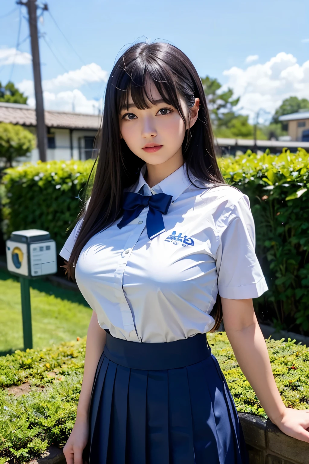 (Highest quality, 8K, 32k, masterpiece, Ultra-high resolution:1.2), Cute Japanese Girl, (:1.1), Long black hair, bangs, (school uniform), Tight waist, (Outdoor, garden, blue sky),(high school girl),