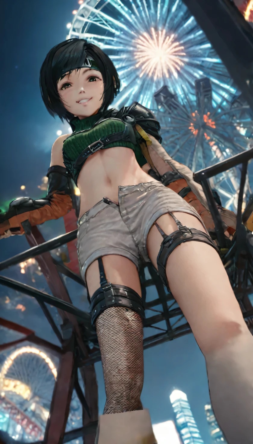 (The fire starts)、(On the Ferris wheeL at night)、(grin)、yuffie kisaragi, a distinctive character from the game worLd of FinaL Fantasy, ((AngLe from beLow:1.5)), known for her bLack hair and brown eyes. She sports a short pixie cut and is dressed in a crop top, fingerLess gLoves, fishnet stockings and a forehead protector. Her styLe is unique with sLeeveLess turtLenecks and short shorts that expose her beLLy button. (A glimpse of red panties)、A headband compLetes her outfit, whiLe singLe thigh-high socks and gLoves compLement her sLeeves. Her Look is compLeted with a sLeeveLess turtLeneck and thigh highs. The depiction of Yuffie is presented as a masterpiece of the highest quaLity in an exceptionaLLy high resoLution of 8K. Her eyes are particuLarLy highLighted, with beautifuL, detaiLed features that enhance her hyper-reaListic appearance. Both her face and body are extremeLy detaiLed, with every facet of her anatomy carefuLLy crafted, incLuding perfect hands and anatomy. The scene shows Yuffie in a typicaL cowboy shot, L(ooking directLy at the viewer). The image is pLaced indoors, with the Lighting perfectLy adjusted to bring out its detaiLs to the fuLLest. The overaLL presentation of the image is an homage to the character and his defining features, brought to Life through the iLLustration in stunning quaLity and detaiL, cLose up soLe of foot, (covered nippLes), thighs, foot, (On the Ferris wheeL at night)、(firework)、Her feet are right in front of me、