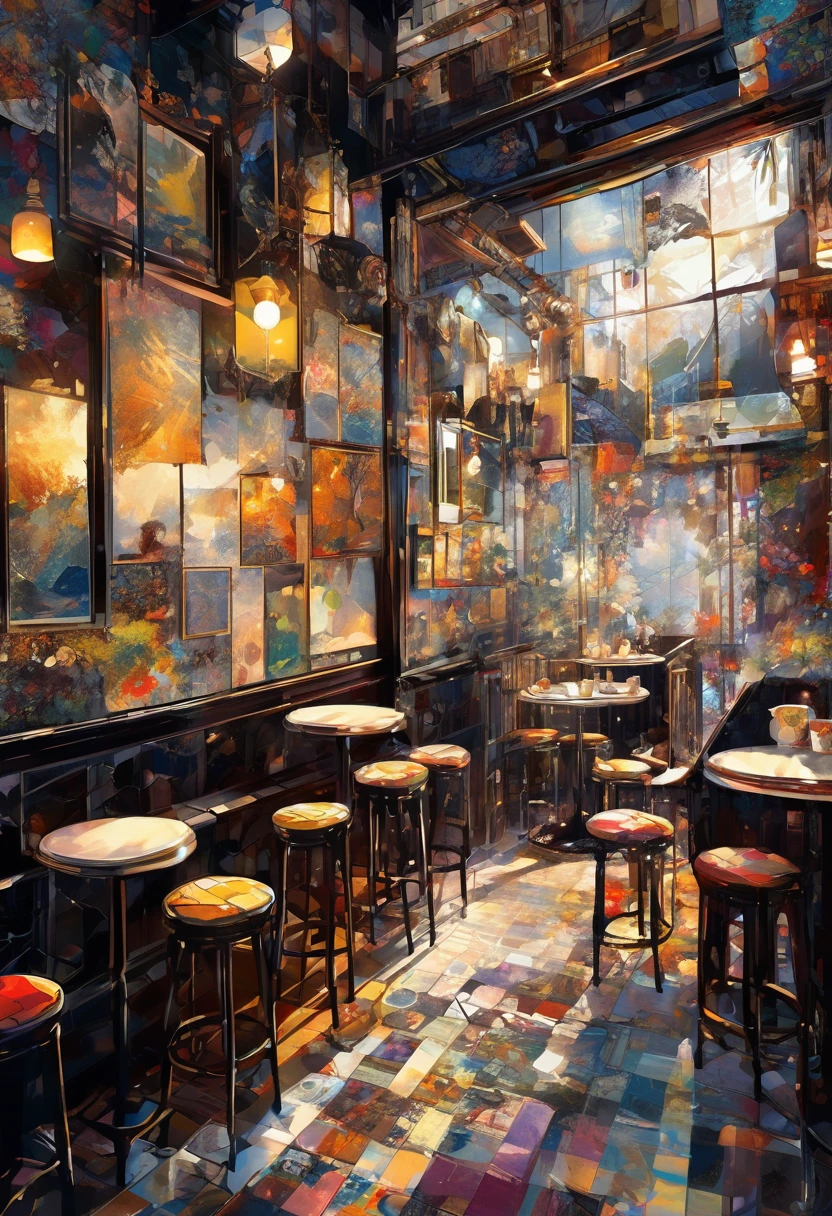 patchwork illustrations, conceptual installation art, graphic CG digital art, fusion of acrylic and collage paintings, high and fine artwork, cafe interior image, delicate and dynamic textures, contrasts of light and shadow, ultra detailed, absolutely resolution, best quality, horror style, anime style, nijistyle