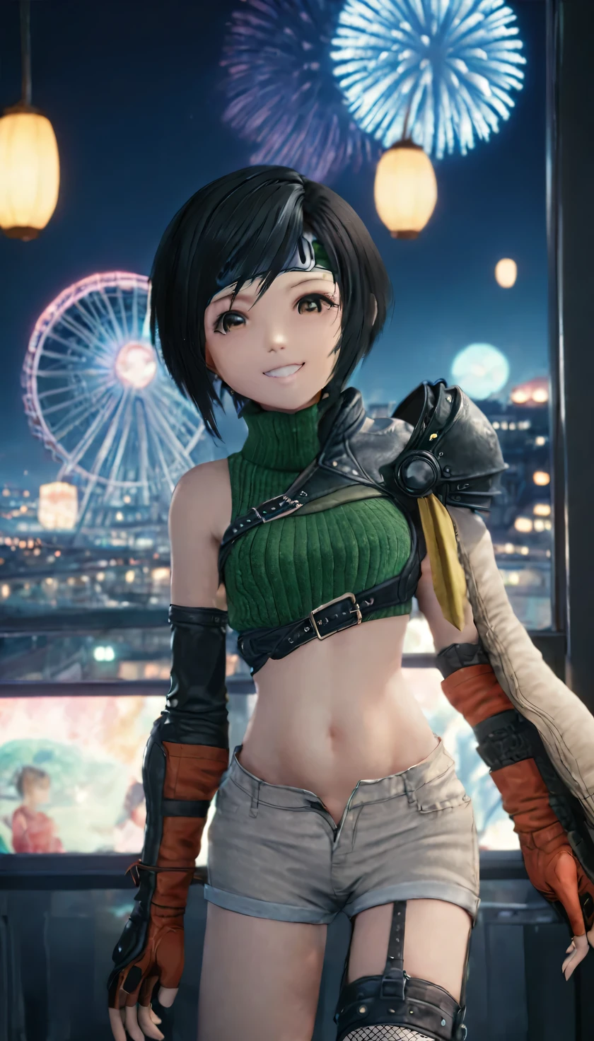 
(fireworkが打ち上がる)、(On the Ferris wheel at night)、(grin)、yuffie kisaragi, a distinctive character from the game world of Final Fantasy, 前かがみになって、顔を近づける、((上からのアングル)), 赤い頬、known for her black hair and brown eyes. She sports a short pixie cut and is dressed in a crop top, fingerless gloves, fishnet stockings and a forehead protector. Her style is unique with sleeveless turtlenecks and short shorts that expose her belly button. (チラッと見える赤いパンティ)、A headband completes her outfit, while single thigh-high socks and gloves complement her sleeves. Her look is completed with a sleeveless turtleneck and thigh highs. The depiction of Yuffie is presented as a masterpiece of the highest quality in an exceptionally high resolution of 8K. Her eyes are particularly highlighted, with beautiful, detailed features that enhance her hyper-realistic appearance. Both her face and body are extremely detailed, with every facet of her anatomy carefully crafted, including perfect hands and anatomy. The scene shows Yuffie in a typical cowboy shot, looking directly at the viewer. The image is placed indoors, with the lighting perfectly adjusted to bring out its details to the fullest. The overall presentation of the image is an homage to the character and his defining features, brought to life through the illustration in stunning quality and detail, kissing, (covered nipples), thighs, (On the Ferris wheel at night)、(firework)、