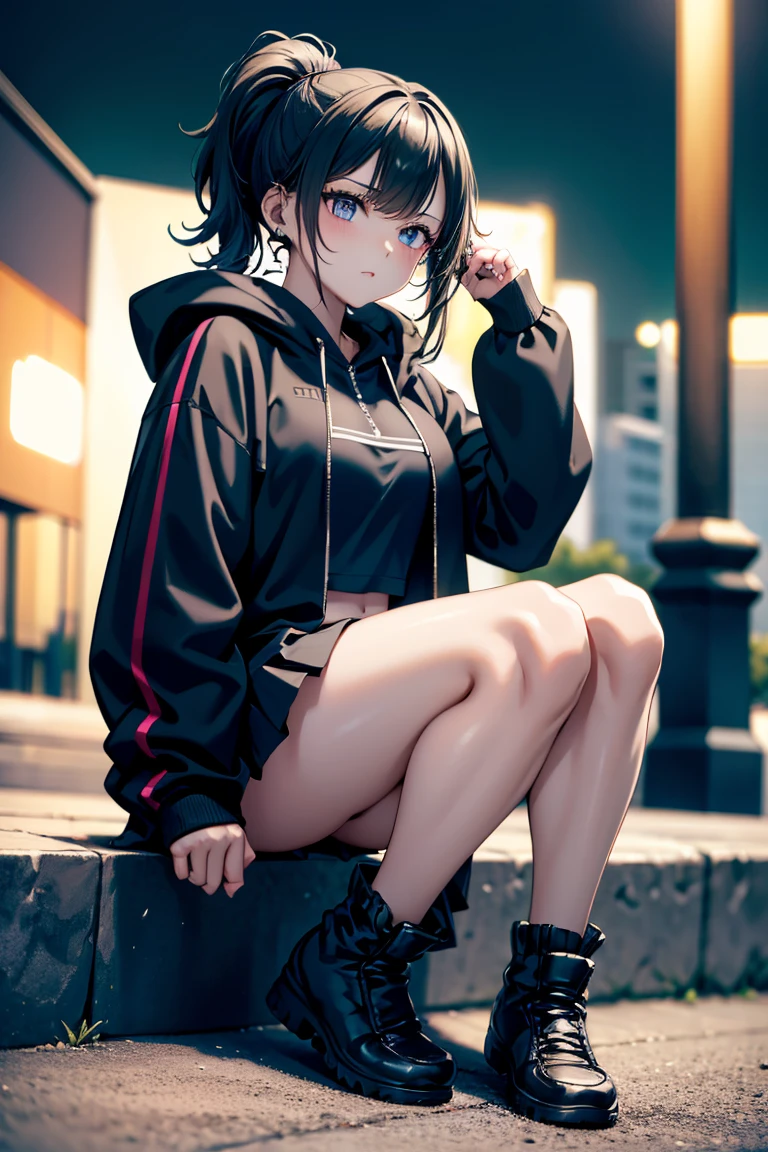 She is wearing a black jacket and a black skirt for the photo., Fluffy ponytail,Put your boots on,Wear a jacket, cyber future jacket, Bright Cyberpunk Glow, Egirl, and , Cyberpunk Anime in hoodie, wearing Cyberpunk Streetwear, Cyberpunk Anime, Cyberpunk Streetwear,Photos of women in techwear,Cyberpunk Style,Extreme Taggart