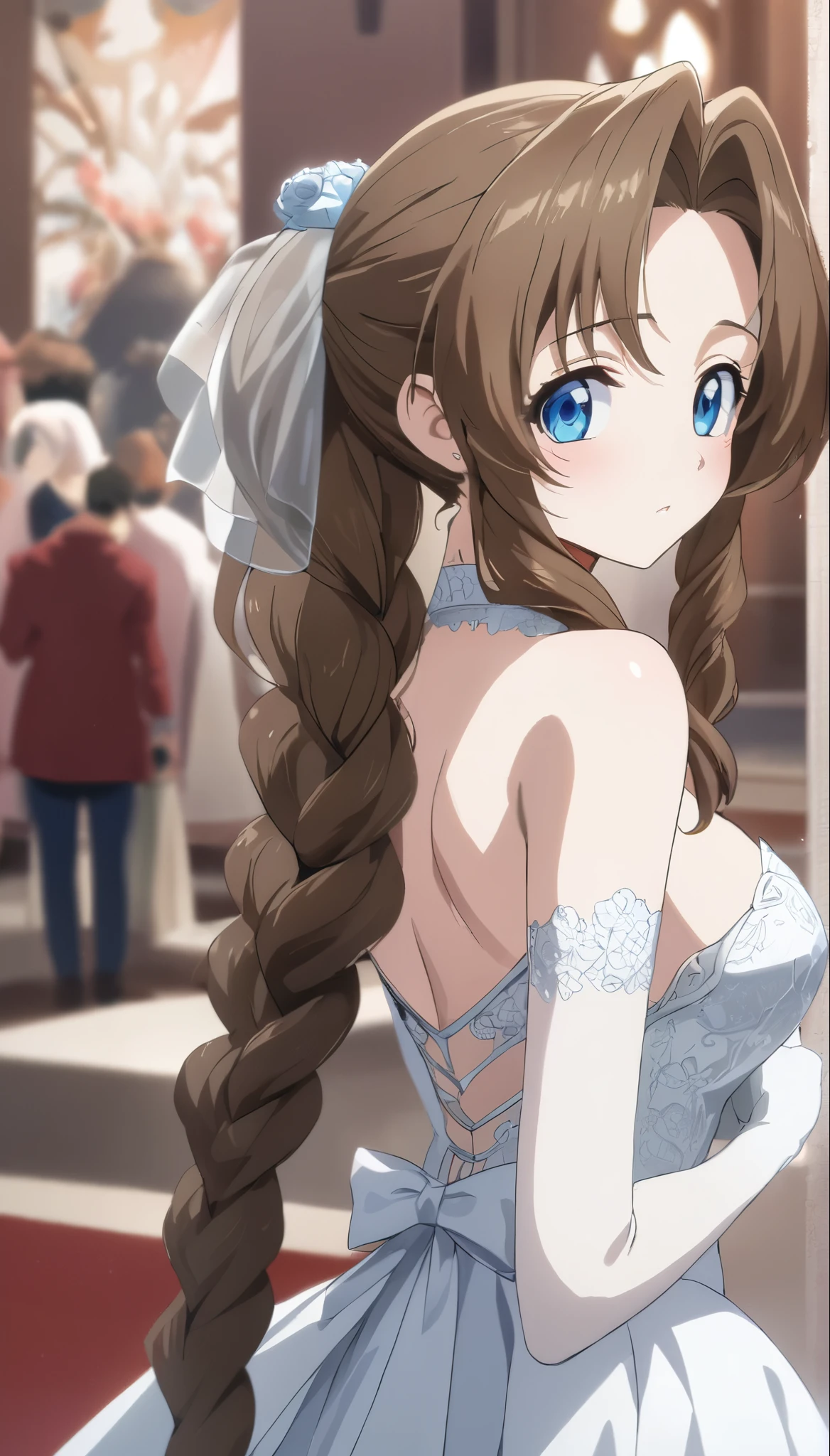 ((Highest quality、masterpiece、Anime Style、Highest quality、High resolution、8k、detailed、ultra-detailed:1.3)),Beautiful girl, Aerith、(Long Hair, Braided ponytail:1.5)、Translucent white skin, (wedding dress:1.5)、Japanese girl、 anime style,Looking back,pretty face,Woman posing for a photo,{{{pretty face}}}