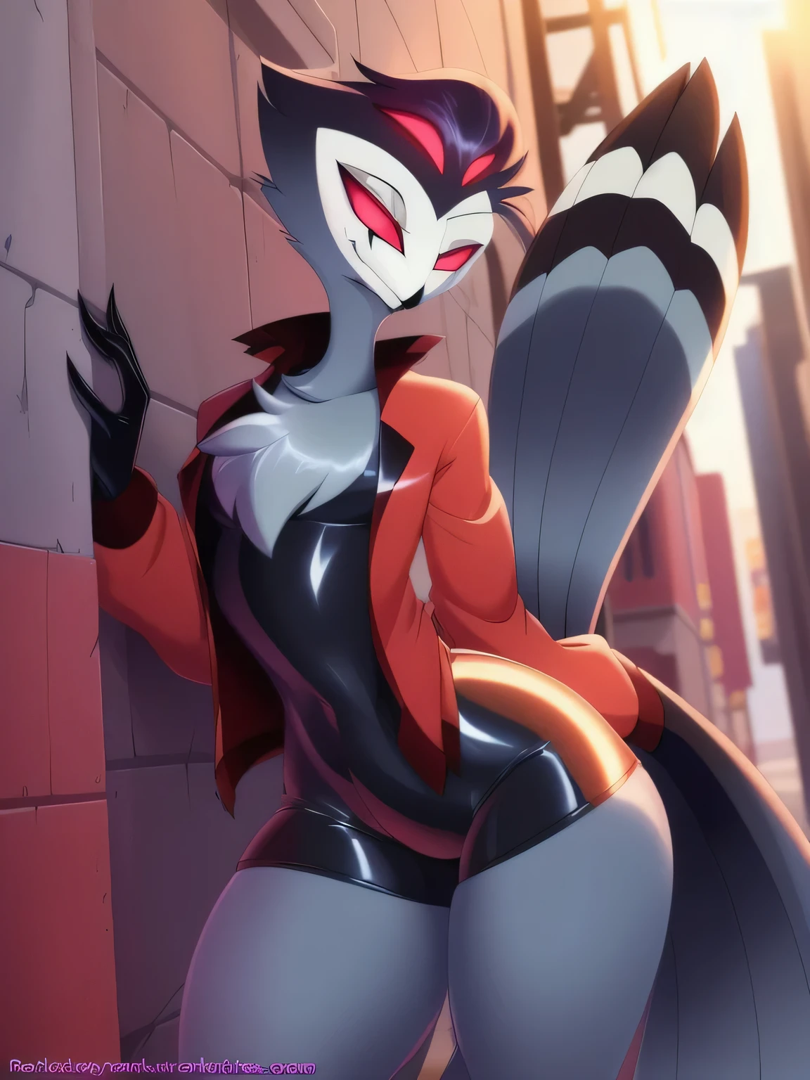 catmonkshiro (style), ((masterpiece)), ((8k quality)), (no watermark), stolas, male, sleek, long tail feathers, avian, avian tail, butt, solo, detailed alley, looking at viewer, wide hips, smirking, shiny, perfect body, inviting eyes, thighs, red sclera, white eyes, red jacket, tight black shorts, black latex under shirt, front view