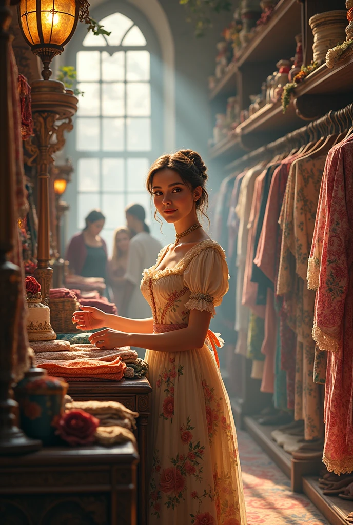 In castle's beautiful room maid bring many beautiful dresses for an innocent pretty and beautiful girl. Dresses are red, black green pink white and yellow. Room is dark but beautiful with candles and big window. 
