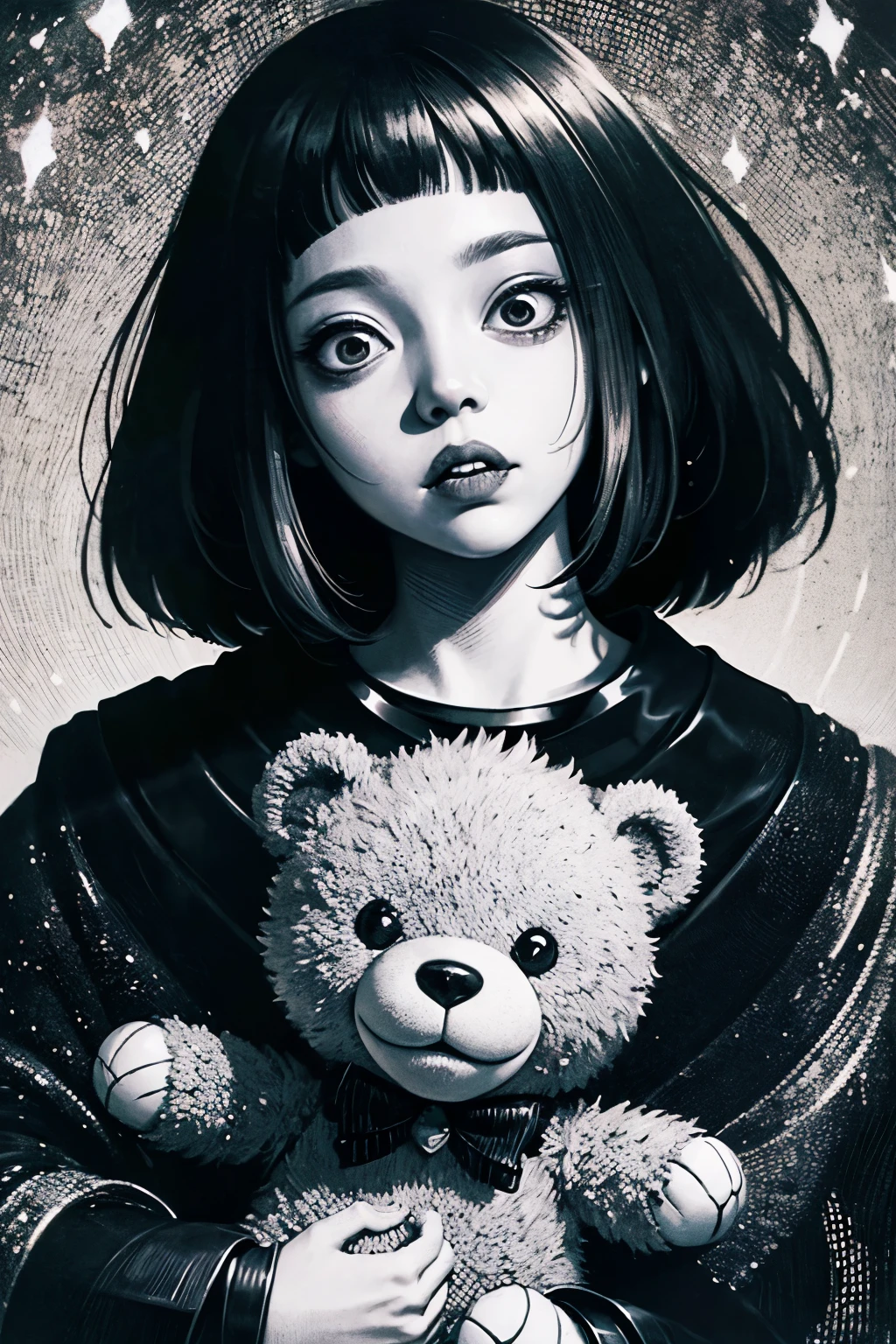 [(Junji Ito:1.5), creepy, dark, black and white, detailed manga line art, scared, psychological horror, grotesque, morbid, surreal], a girl holding a teddy bear, Annie, character from League of Legends