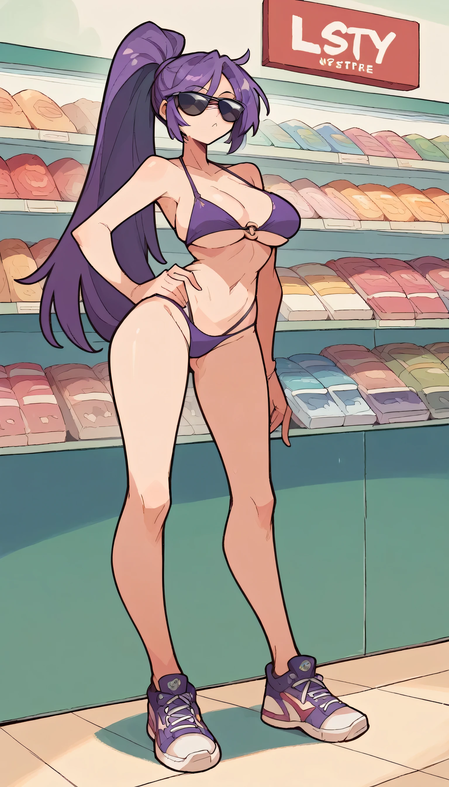 Masterpiece, best quality, Masterpiece, best quality, 1 woman, long ponytail hair, purple hair , sly face , sunglasses , purple bikini , abdomen, big breasts , Long legs , Put your hands on your hips.. , sneakers shoes , convenience store