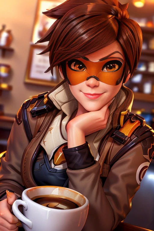 Tracer , brown hair, short hair, makeup, lipstick, at a coffee shop, highly detailed coffee cups, seductive smile, (insanely detailed, beautiful detailed face, masterpiece, best quality) , solo,