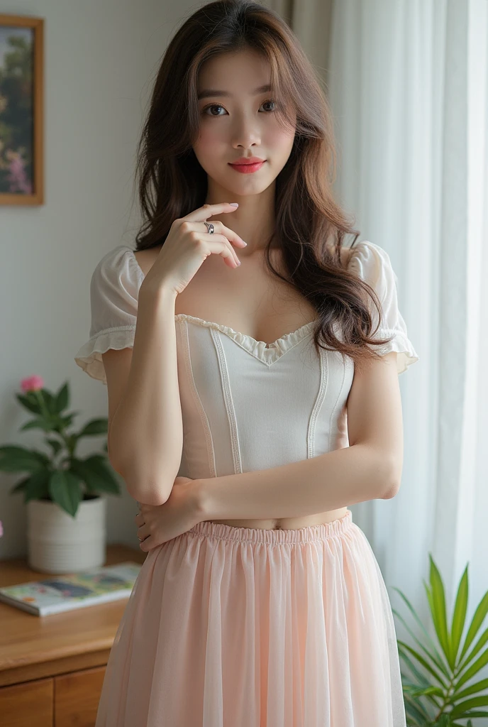 (highest quality, masterpiece), One girl, Intricate details, Short sleeve off shoulder lace,See-through,mini skirt, choker, Frills, View your viewers, blush, Upper Body, Blurred Background, Floral print, Contrasting,Above the knee shot,((nsfw)),