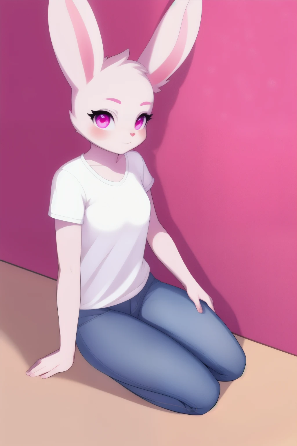 1girl, (Feminine), slim tiny body, solo, naughty smile, masterpiece, room, bed, scenery, (female bunny girl:1.2), ((entire body gray fur)), ((Pink short hair)), pink eyes, (naked, super sexy pose), ((high colors))