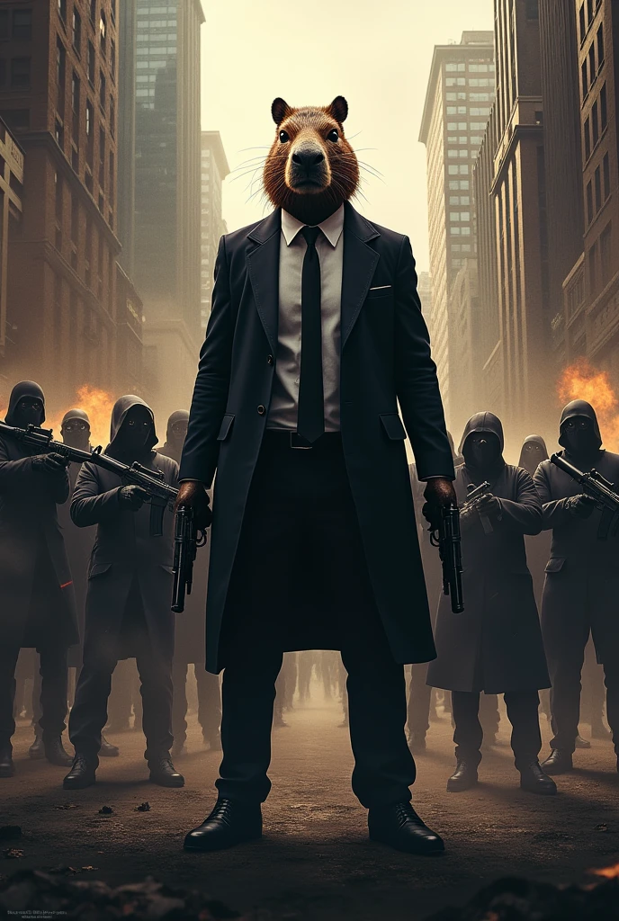 Bear in suit, strong body, Italian mafia style, in the background buildings in splinter. And the glow of the fire hitting the gleaming bear, with much glow --auto