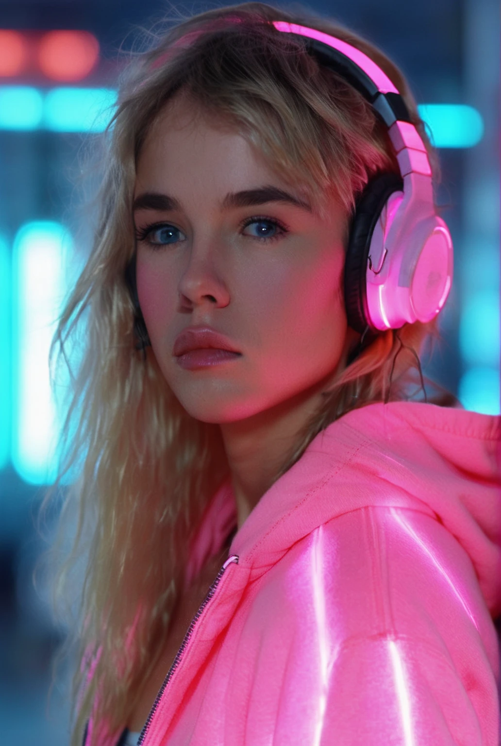 long blonde hair, wearing a neon pink hoodie, large over-ear headphones, standing, urban indoor environment, vibrant neon lights, cool futuristic atmosphere, light coming from the left, soft shadows, close-up shot with shallow depth of field, sharp focus on subject, no visible motion blur, well-balanced exposure