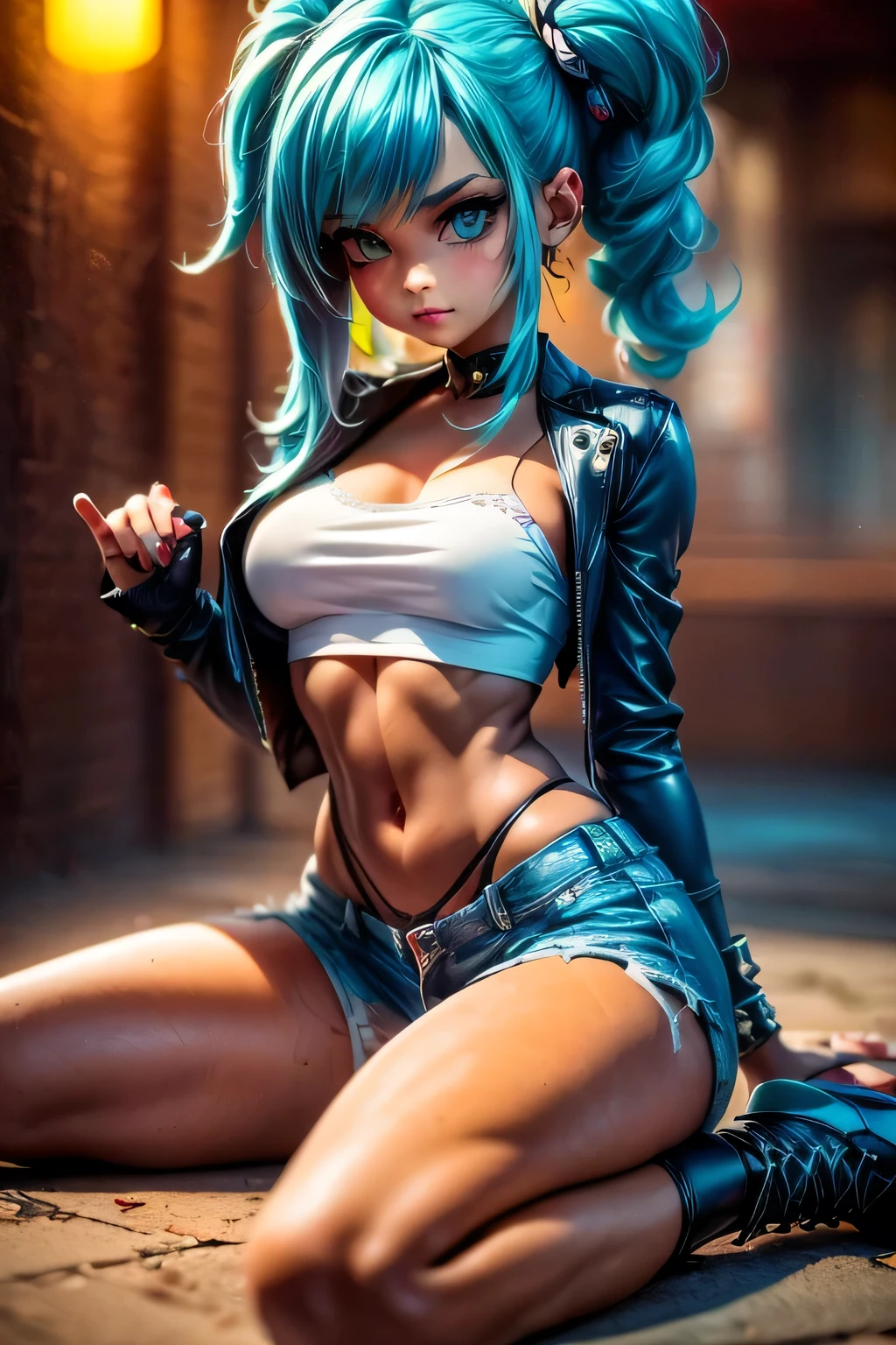 ((Best Quality)), ((Masterpiece)), (Detailed: 1.4), (Absurd), Depiction of a beautiful, urban girl with an edgy, punk-inspired style. She has a confident and captivating presence with striking facial features, including high cheekbones, a bold gaze, and a stylish, tousled hairstyle. Her hair is styled in an edgy bob, such as

She is dressed in a sexy and stylish urban punk outfit that includes a tight-fitting leather jacket with studs or metal spikes, paired with a graphic band t-shirt or crop top. Her outfit features ripped skinny jeans or high-waisted shorts with fishnet tights underneath, giving

Her footwear consists of chunky combat boots or ankle boots with thick soles, and she may also have some bold tattoos or piercings, such as an eyebrow piercing or a nose ring. The background is a gritty urban setting, perhaps with graffiti-covered walls, neon signs, or an industrial environment, highlighting the ove, by mucha, niji --V5, near-real, sexy pose, fractal background, pastel, centered, scale to fit dimensions, HDR (High Dynamic Range), Ray Tracing, NVIDIA RTX, Super Resolution, Unreal 5, Subsurface Scattering, PBR Texture, Post-processing, anisotropic filtering, depth of field, maximum clarity and sharpness, multi-layer textures, albedo and specular maps, surface shading, accurate simulation of light-material interaction, perfect aspect ratio, octane rendering, two-tone lighting, wide aperture, low ISO, white balance, rule of thirds, 8K RAW, Crysisnanosuit