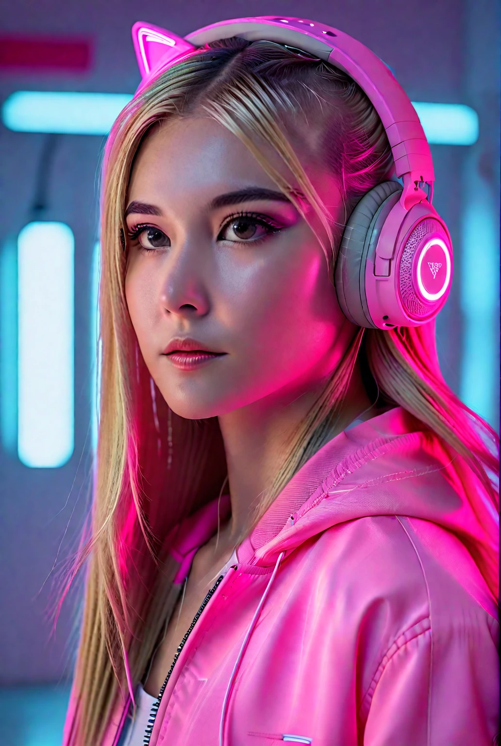 long blonde hair, wearing neon pink headphone, bright pink jacket, straight hair, futuristic and colorful lighting, neon light background, casual and modern atmosphere, soft shadows, side view, focused and dynamic environment, LED lighting with contrasting colors