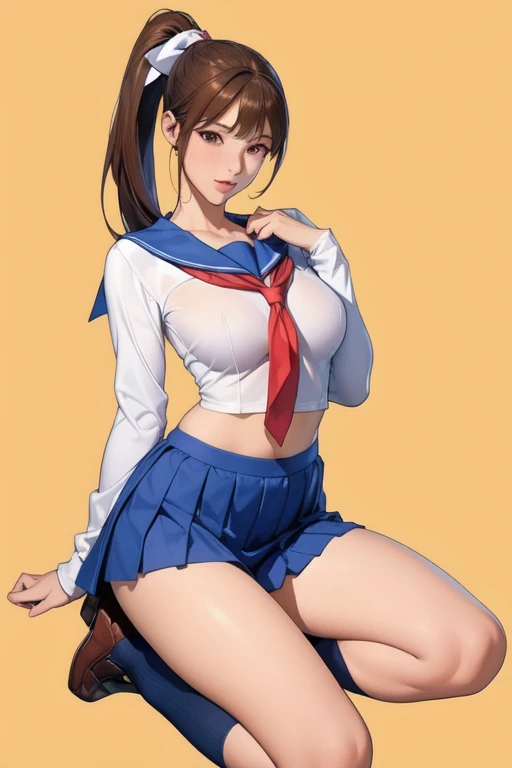 (Tabletop), (highest quality), 超A high resolution, Professional artwork, Ultra-detailed, Complex, Detailed face, Perfect Lighting, (One Girl), kasugano sakura, Brown eyes, Brown Hair, short hair, bangs, Ahoge, head band, serafuku, Puffy sleeves, Crop top, Yellow neckerchief, Pleated skirt, Fingerless gloves, Thighs Thighs Thighs Thighs, White socks, Red footwear, Cherry Blossom, Falling petals, Beautiful background, Medium chest, (Esbian all over:1.2), (Realistic:1.2), (realism:1.2), (Tabletop:1.2), (highest quality), Erotic pose, (Ultra-detailed), (Complex), (85mm), Light Particles, Lighting, (Very detailed:1.2), (Detailed face:1.5), (Gradation), SFW, colorful, (Fine grain:1.5), (Detailed Background), (The rule of thirds_composition:1.3), (Course of action:1.2), Wide Shot, Dawn, alone.、A nasty smile、Skirt flip、Red flower