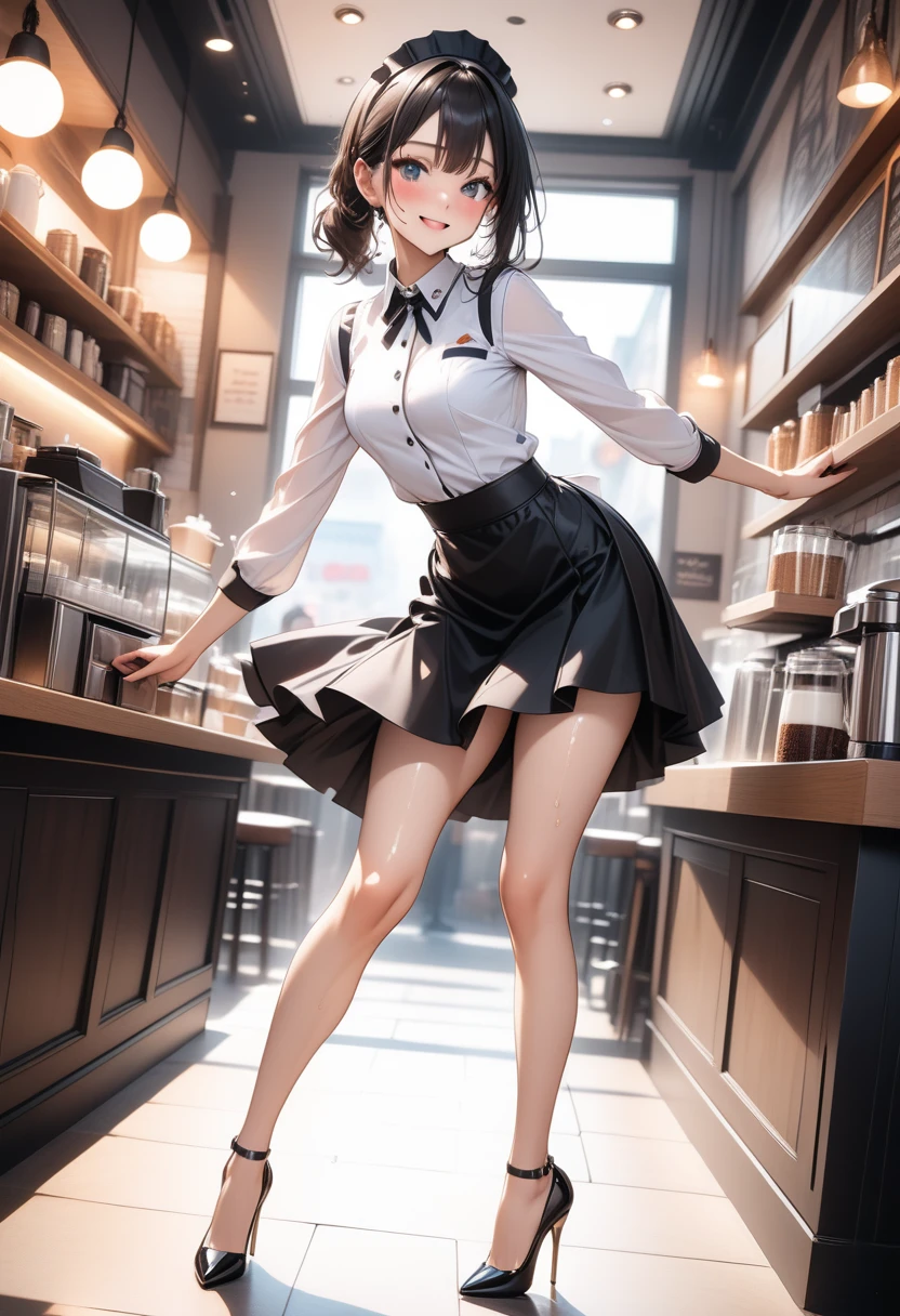 absurdres, RAW photo, extremely delicate and beautiful, masterpiece, Best Quality, ultra high resolution, 32k, hyperrealistic, ultra-detailed, delicate facial features, beautiful detailed woman, tearful mole, earring, medium breasts, full body shot, medium hair, black hair, t-shirt, leather skirt, sleeveless, boots,