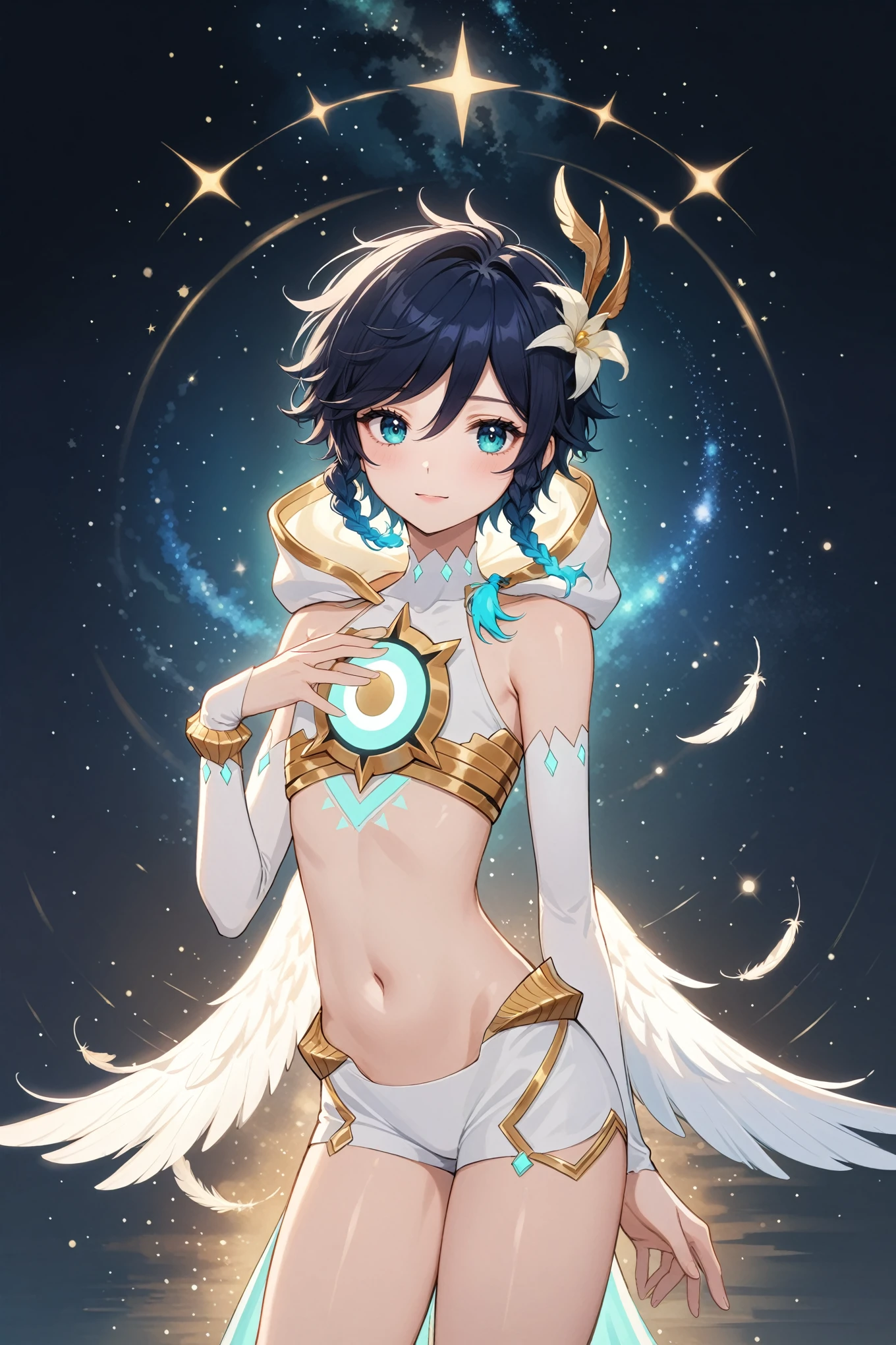 masterpiece,best quality,very aesthetic,absurdres,1boy,venti_/(archon/)_/(genshin_impact/),male_focus,detailed_eyes,(gnns:0.25),white feathered_wings,white halter crop top,white shorts,hair_flower,midriff,black blue hair gradient,dsmile,((flat chest)),slender,small waist,starry_sky,moon,starry_sky_print,((bluegreen eyes)),slender,feathers,divine,detailed_eyes,long_eyelashes,pink_lips,glossy lips,narrow_waist,wide_hips,bare stomach,seductive,flirtatious,iridescent volumetric light, god rays, heavenly,cosmic,celestial,perfect elegant hands,(realistic:0.25),Monet, pixiv fantasia 