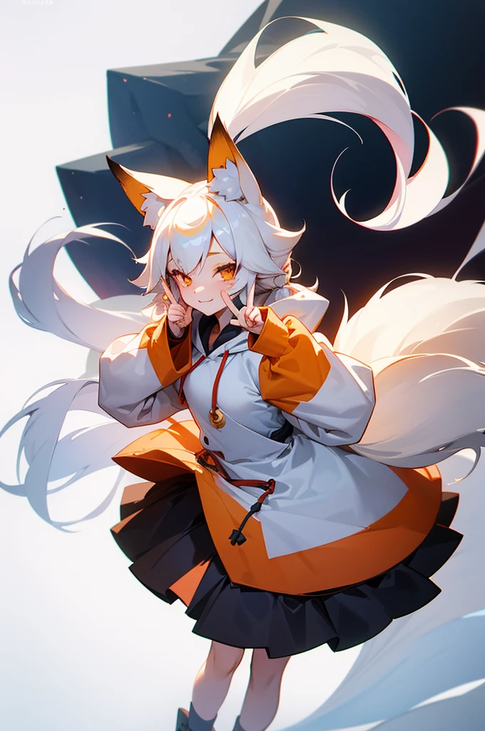 1girl, body, small breast, fox girl, fox ears, kitsune, kitsune tails, white hair long, hair, hoodie, cute pose, kawaii, cute pose, leg up, on one leg, peace sign hands, winking, plain background, white background, half body composition, standing pose