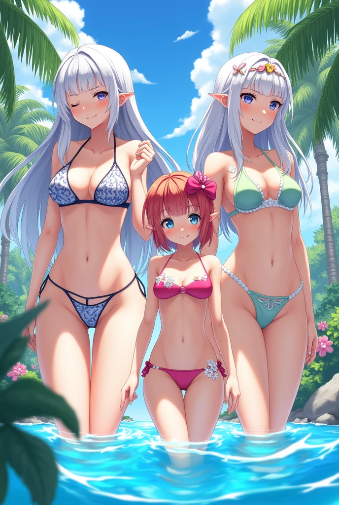 Long Hair, chest, View your viewers, blush, smile, Open your mouth, bangs, blue eyes, 大きなchest, Knee socks, gloves, ribbon, belly button, chestの谷間,  Transparent swimsuit, whole body, Gray Hair, 巨大なchest， (巨大なchest: 1.8), Green Hair, horn, Pointed Ears, Blunt bangs, Raise your arms, (１People Women),  (Side tie bikini bottom), (Transparent micro bikini), (（White tiny micro bikini）), wave hands