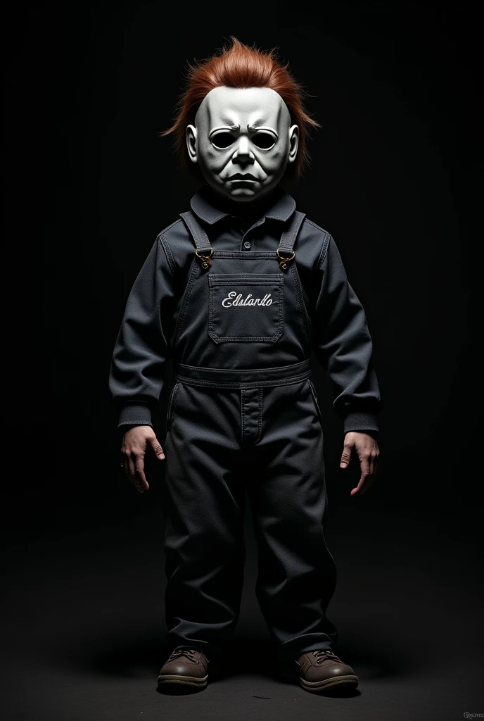 A photo of a puppet doll boy dressed in black and red, reminiscent of World War Two Nazi Germany. The doll has a swastika on its arm and is holding a whip. There is blood on the doll's hands. The background is dark.