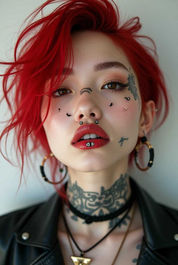 realistic photo, 25 year old german taiwanese woman, nude, lying on bed with legs spread, red vampire eyes, orange hair, messy hair, bat choker, tribal tattoos, (long vampire fangs), surprised expression, exagerrated, dramatic, detailed face and body, natural lighting, high resolution, photorealistic, (best quality,8k,highres,masterpiece:1.2),ultra-detailed,(realistic,photorealistic,photo-realistic:1.37),realistic skin texture,detailed eyes and lips,beautiful detailed face,long eyelashes,smooth skin,natural body shape