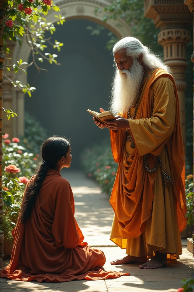 “Chhaya, the old mother of Shani Dev, appears with a compassionate and gentle demeanor. She is dressed in a simple yet divine sari, with an aura of kindness around her. She approaches Shani Dev, who is still on his throne, and gently says, ‘Shani, control your gaze a bit.’ Shani Dev looks at his mother with respect and understanding, nodding in agreement. His expression softens as he promises to use his gaze only for justice and the protection of dharma.”
