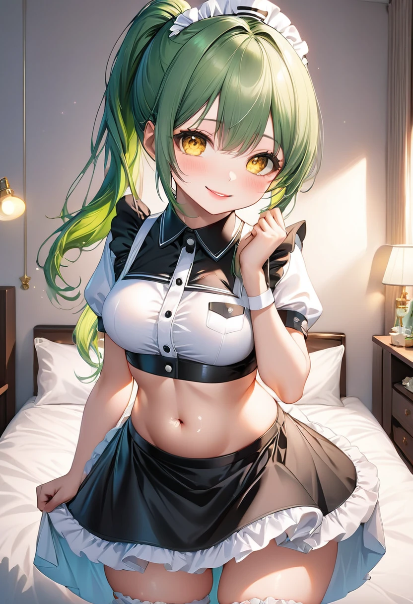 POV Fuselage Grab, ((SEX)), Lying, 1girl in, moaning, (is crying), (Spread legs), Arms behind your head,(((penis: into pussy: blood stained))), (green color hair), (bobhair), (bob head), (curly hair), (blunt bangs), (Maid headband), (cat ears), (black eyes)