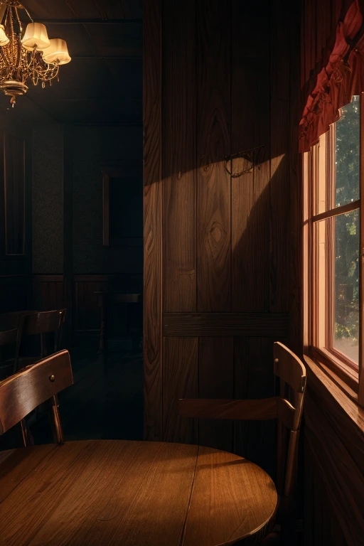 a western cafe, detailed coffee cup,  aromatic coffee, moody lighting, dim and mysterious atmosphere, cobwebs, flickering candles, old-fashioned furniture, dark wood paneling, (best quality,4k,8k,highres,masterpiece:1.2),ultra-detailed,(realistic,photorealistic,photo-realistic:1.37),intricate details,moody and atmospheric,dark fantasy,cinematic lighting