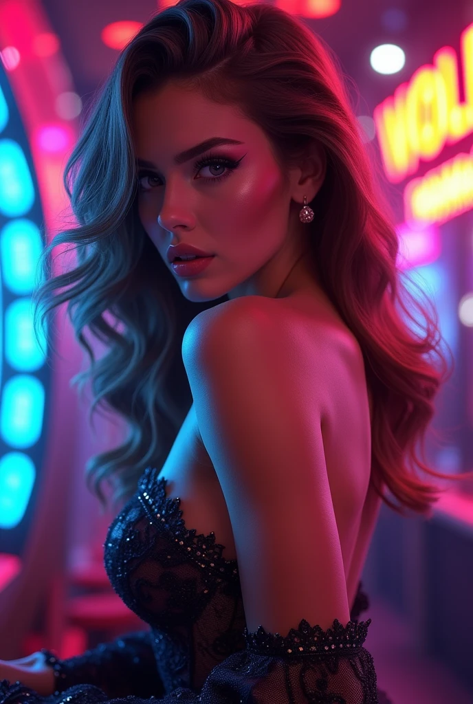 Imagine a cover that immediately captures attention. In the middle, The protagonist stands out with her dark skin, her reddish brown hair falling in soft waves, Framing her face with intense beauty. Her honey-colored eyes are deep and expressive., radiating a mix of determination and vulnerability, as if carrying dark and painful secrets with him.
The background is a dark and immersive environment, evoking the atmosphere of a nightclub. Neon lights flicker in shades of purple and blue, creating a seductive and dangerous atmosphere. The lighting highlights the features of his face, accentuating his serious expression, almost defiant, which suggests that she is trapped in a world full of deception and lies.
The combination of its powerful presence with the intriguing background and subtle details creates a visual narrative that invites the viewer to immerse themselves in a story full of love., betrayal and the fight for freedom in a dark and complex world.