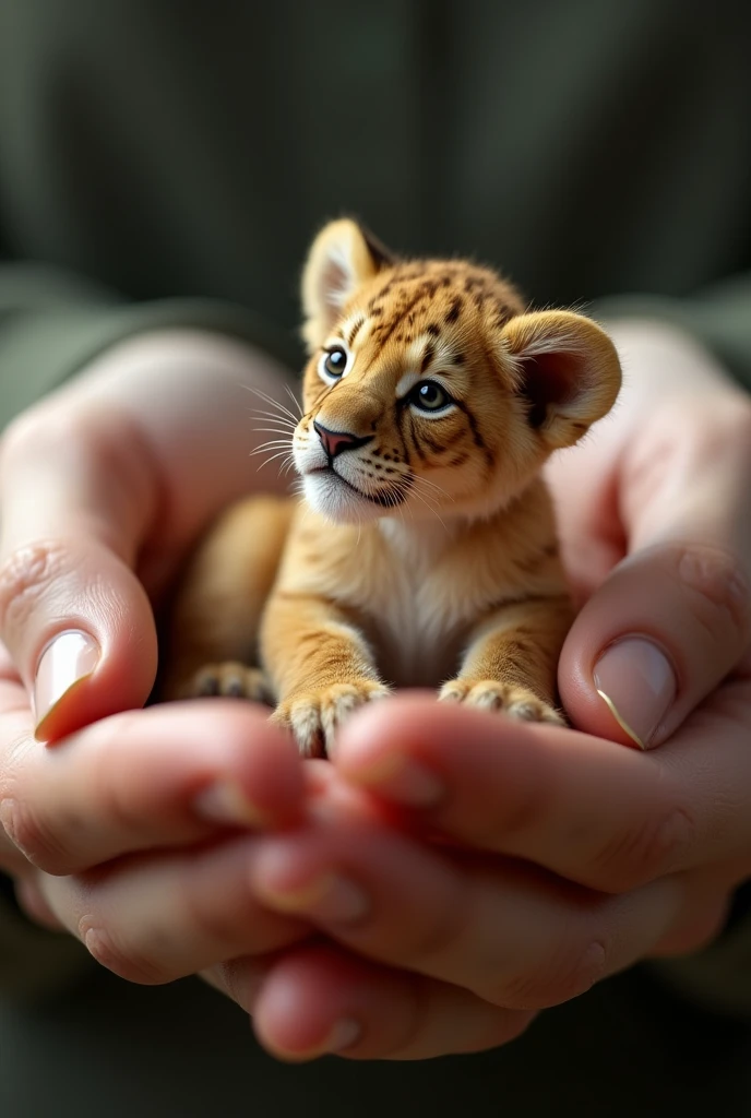 There is a small lion cub sitting in a person's hand, a miniature lion cub, a miniature animal, sitting on a finger, cute and cute, cute and cute, cute kitty, cute lion cub, the photo is very realistic, Very small, beautiful lion picture, just a neat little thing, cute little nose, beautiful and cute, beautiful creature, pretty cute, very detailed photo.