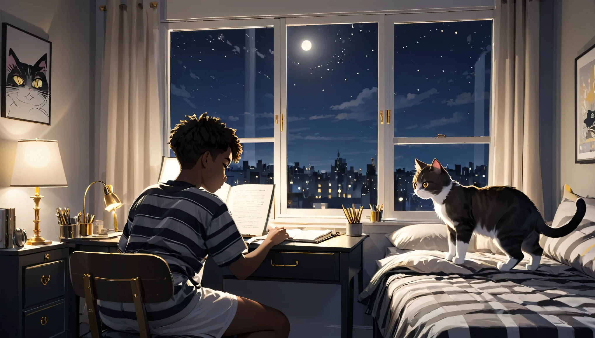 black teen studying at a desk by a window, at night, frontal shot bed room interior, bed half made with two cats, one gold, and the other grey with stripes