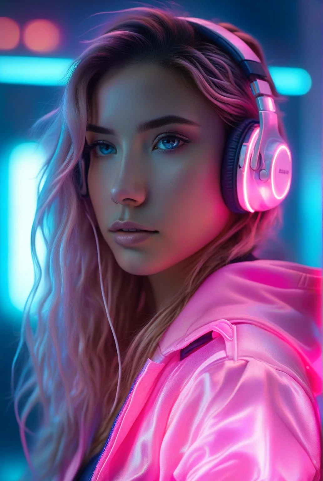 long wavy hair, shiny pink jacket, headphone, relaxed pose, looking into the distance, smooth skin, indoor, neon lights, bright pink and blue lighting, futuristic atmosphere, close-up, shallow depth of field, well-balanced exposure