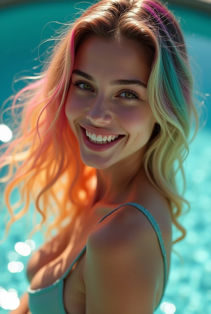 There is a girl swimming in the water, happy smile, sunny face, innocent girl, big, lots of blisters, bubbles, a lot of fish, cute digital painting, beautiful digital artwork, realistic effect, high texture