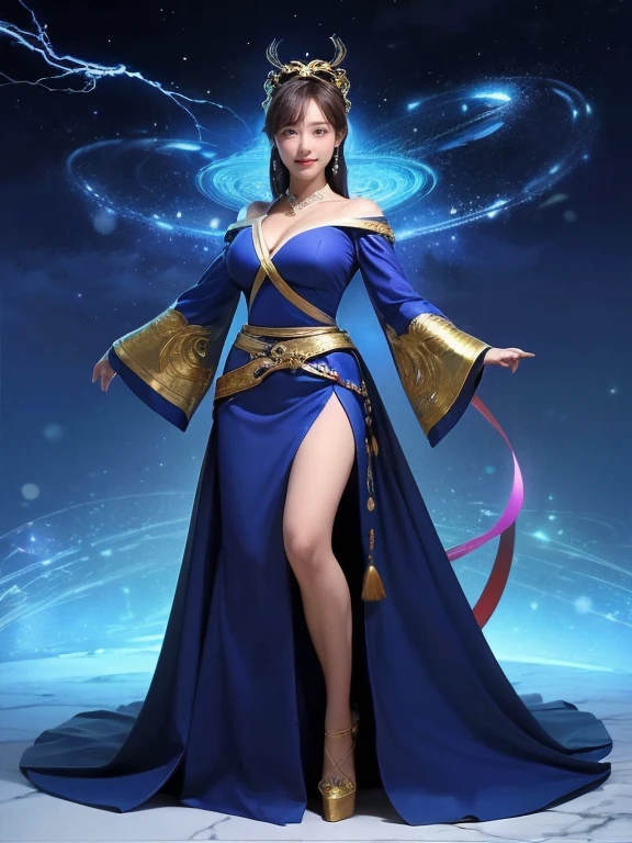 ((Highest quality、8k、masterpiece:1.3))、Realistic, Sharp focus, High resolution, High resolution,, One person, Full body photography、Japanese, Beautiful woman,Big Breasts、blue royal dress,Gold Edge、Release of power、Bursting energy、Wrapping Lightning Around Your Body、,kamehameha