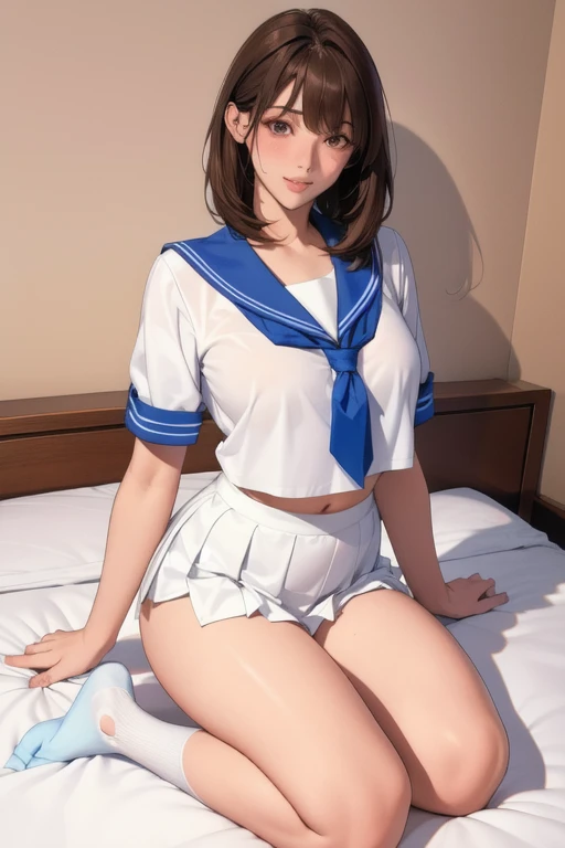 masterpiece, photoreal, high definition, slim waist, long legs, wet skin,  huge ass, huge breasts, masterpiece, best quality, absurdres, perfect anatomy, 1girl, solo, Sailor jupiter, (1990s \(style\), Brown hair, short ponytail, smile, maid outfit, white thighhighs, legs spread, on bed,  wet skin